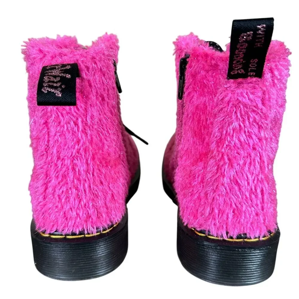 Junior 1460 Pascal Tinsel Fur Lace Up Boots in Pink, Size 1 US